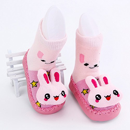 Bebedou pink rabbit or teddy bear cartoon socks 2 to 3 years Baby Toddlers Kids Comfy Indoor Slippers Shoes Socks Moccasins NON SKID Indoor Shoes Socks Durable Multifunctional slip baby booties breathable toddler elastic, warm and thick socks with soft leather sole 15 cm