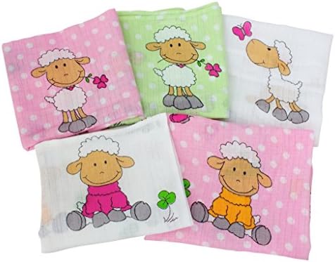 ByBoom® - Muslin Nappies - Cloth Diapers - sickly Cloths - Pack of 5 - Colourful - 70x80 cm - 100% Cotton; Made in EU, Color:Pink - Sheep