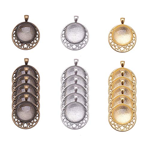 Pandahall Elite 18 pcs Tibetan Style Flat Round with Star Alloy Pendant with 20 pcs Clear Glass Cabochon for Jewelry Making, Antique Bronze/Golden/Silver