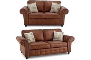 SOFAHEAVEN Oakland Brown 3 and 2 Seater sofa sets for living room | Faux leather fabric suite | furniture | cheap couches & settee for sale (3+2 Seater)