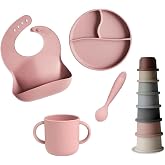 Meleni Baby 5'li Set Silikon Mama &Ouml;nl&uuml;ğ&uuml; Kulplu Bardak Vakumlu Tabak Mama Kaşığı ve Kule Aktivite Oyuncağı Pembe