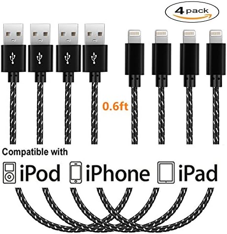 [4Pack] Power Line 0.6ft/ 7.3 Inches Lightning Cable, Nylon Braided Short iPhone Lightning Cable to USB Charging Cord Apple Charger for iPhone iPad iPod