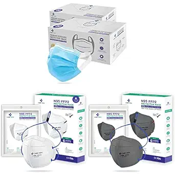 CARE VIEW 3 Ply Disposable Surgical Face Mask Box (Pack of 100, BLUE) & Head Loop Style N-95, Protective Face Mask ( Pack of 6, White) & N-95 Model CV1221H Face Mask (Grey) - Set of 10