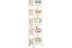 DBLWIN Toy Storage Trolley, Rolling Cart Storage Organizer, Snack Storage Cart, Utility Rolling Cart for Office Bathroom Kitchen Bedroom (White, 5 Tier)