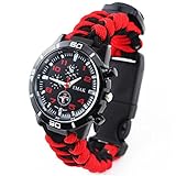 shoguu Survival Armband Armbanduhr Multifunktional Notfall Survival Uhr mit Paracord Pfeife Fire Starter Kompass und Thermometer Gear, rot / schwarz