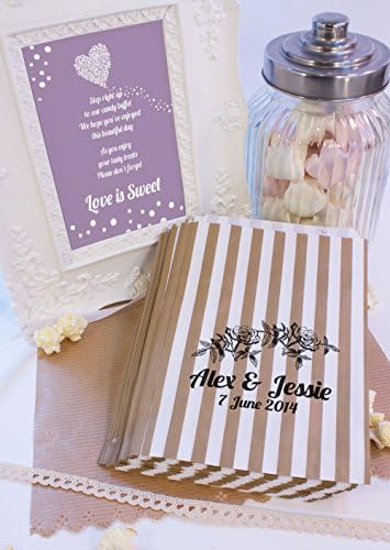 Personalised Wedding Sweet Bags ROSE GARLAND FLOWERS Candy Cart Wedding Favours Confetti Engagement (100, Gold striped)