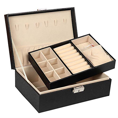 Preisvergleich Produktbild Schmuckkästchen Damen mit 2 Ebenen, Schmuckkoffer, Schmuckschatulle für Halsketten, Ohrringe, Armbänder, Ringe Schmuckaufbewahrung PU-Leder, Schwarz