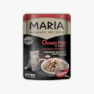 MARIA Premium Kitten Wet Food with Ocean Fish in Gravy for Cats (1-12 Month) for All Breeds with Vet Certified and Palatability - Pack of 4 (70 gm Pouch)