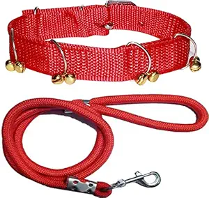 Pedigone Dog Belt Red Ghungroo Dog Collar with Red Lead Specially for Medium Breed Dog Collar Leash