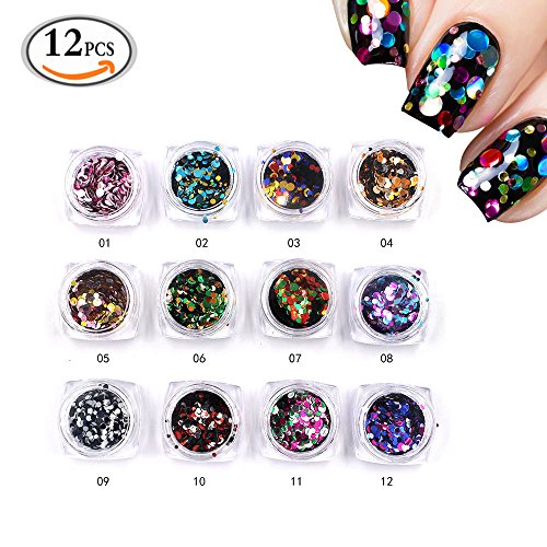 MLMSY 12 Box Metallic Colors Mixed Round Sequins Nail Art Glitters Thin Sequins Beauty Shinning Manicure Paillette DIY Nail Art Sticker Polish Decoration Makeup Nail Art Tip Random Color (12 Pcs)