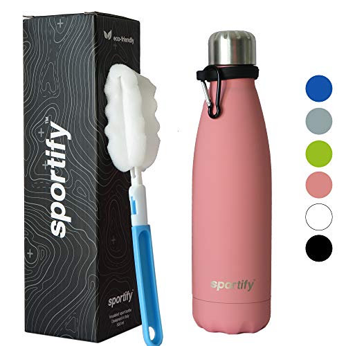 Sportify Bottiglia Acciaio Inox | Borraccia Termica | Bottiglia Acqua | Rivestita in Gomma, con moschettone e Spazzola per Pulizia | Brand Italiano (Rosa Orchidea)