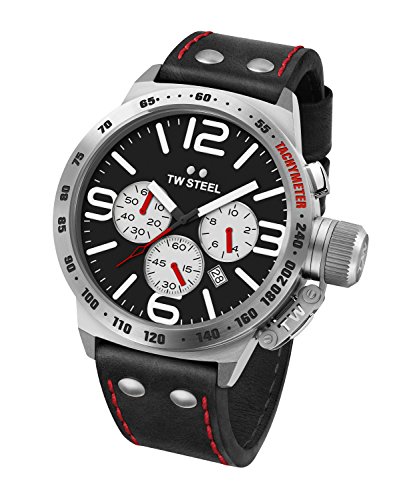 TW Steel Canteen Leather Unisex Quartz Watch with Black Dial Chronograph Display and Black Leather Strap CS7