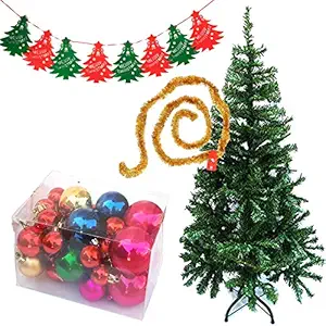 Urvi Creations 7 Ft Artificial Xmas/Christmas Tree with 40 Small and Big Balls and 1 Tree Garland 2 Pcs Golden Tinsel for Christmas Decoration