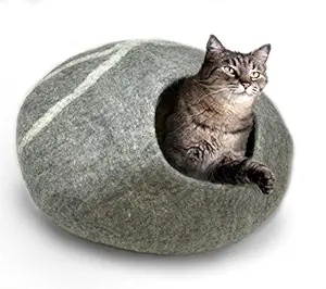 iPrimio Natural Wool Large Cat Cave - Handmade Premium Shaped Felt - Makes Great Covered Cat House and Bed for Kitty. for Indoor Cozy Hideaway. Large Pod Soft Hooded Bed Area. (Light Gray, Large)