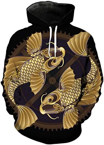 JXNW-XD Men's Casual Hoodie Chinese Style Lucky Goldfish Fashion Sweatshirt Pullover