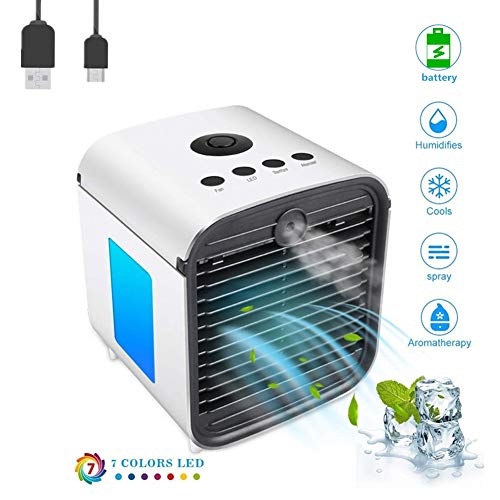 Climatizador Evaporativo Air Cooler Portatil Aire Acondicionado,Mini Ventilador Humidificador Purificador de Aire, 7 Colores Luces LED