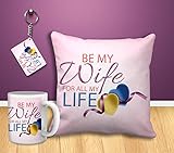 TIED RIBBONS Karwa chauth Gift for a Beautiful Wife from Hubby Wife is Life Combo (Cushion,Coffee Mug and Key Chain)