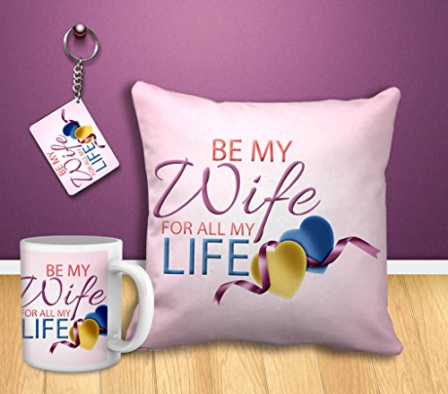 TIED RIBBONS Karwa chauth Gift for a Beautiful Wife from Hubby Wife is Life Combo (Cushion,Coffee Mug and Key Chain)