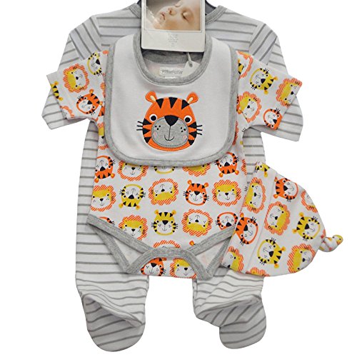 Babies 4 piece set LION-TIGER embroidery/applique sleepsuit with hat-bib (0-3 month)
