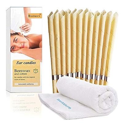 beedopure Bougies d'oreille,Bougies auriculaires, cônes de bougies en cire d'abeille - Dissolvant à la cire d'oreille - Standard pour thérapeute naturel bio avec serviette de qualité (12 pcs blanc)