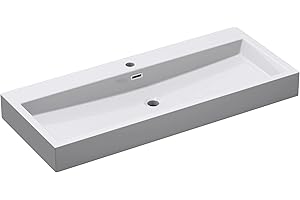 Mai & Mai Lavabo de Pared Blanco Brillante con Rebosadero col06 Lavabo sobre Encimera Rectangular de Fundición Mineral con 1 Orificio para Grifo 100x42x10cm