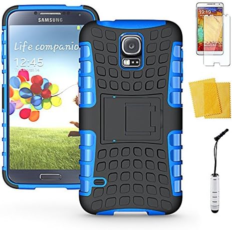 Galaxy S5 Case, Shock Proof Dual Layer Hybrid Defender Series Cover Case + Free Ultra Clear Screen Protector Film + Touch Stylus Pen + Microfiber Cleaning Cloth for Samsung Galaxy S5 V i9600 - Blue