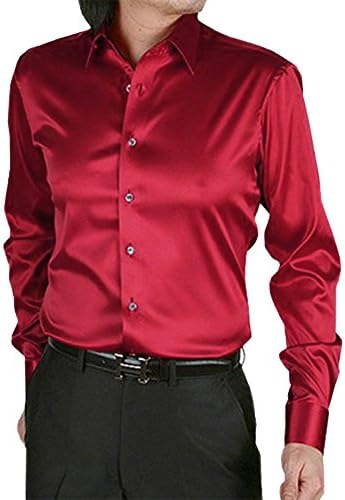 EUROUS Men's Fashion Shiny Regular-Fit Solid Color Dance Prom Silk Like Dress Shirt (Wine Red, S)