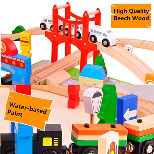 ACOOLTOY Wooden Train Track Set Toy Wooden Classic Railway Flexible Track Car Set Building Kit Toy for Kids Aged 3+ (80 Pcs)