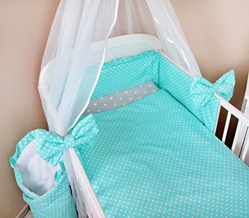Baby Bettwäsche 5tlg Bettset mit Nestchen Kinderbettwäsche Himmel 100x135cm Sternchen grau/Pünktchen Türkis Chiffonhimmel - 2