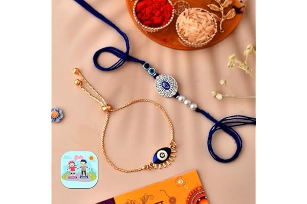 CraftVatika Bhaiya Bhabhi Evil Eye Rakhi Magnet Combo Set for Brother Designer Rakhi for Unisex Adult Rakshabandhan Bracelet