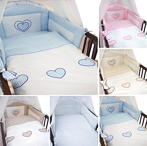 6 Piece Embroidered Baby Bedding Sets to fit Cot & Cotbed - (Cot 120 x 60cm, Hearts Blue)