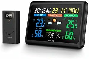 HAMA | Estación Meteorológica (Digital, Control de Temperatura, Humedad, Hora, Pronóstico del Tiempo, Fases Lunares, Sensor Exterior, Alarma Incorporada) Color Negro
