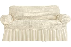 zenmag Loveseat Slipcover 1 Piece for 2 Cushion Couch Sofa Cover with Skirt, Durable Washable High Elastic Stretchable, Easy Fit Universal Furniture Protector (2 Seater, Beige)