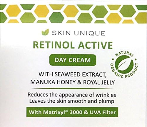 Retinol Active Day Cream 50 ml - Natural &amp; Organic anti-ageing facial moisturiser and wrinkle filler with UVA Filter, Manuka Honey, Royal Jelly and Matrixyl 3000