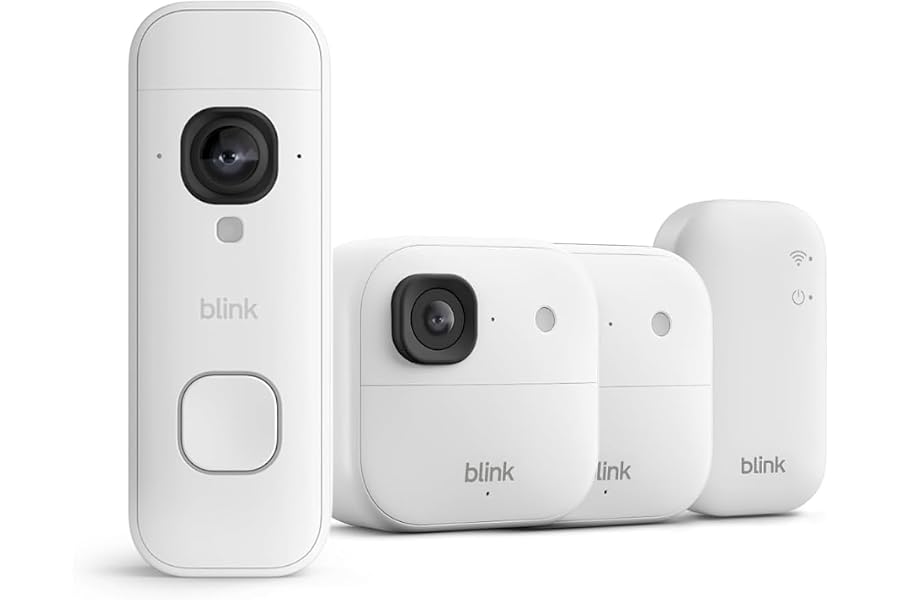 Blink Outdoor 2K+ Kameras mit Blink Videotürklingel 2K+ Batterie (neueste Generation), Weiß, inkl. S