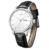 BUREI Herrenuhren Präzise Quarz Armbanduhren mit Tag und Datum Kalender Weißes Zifferblatt mit schwarzem Lederarmband