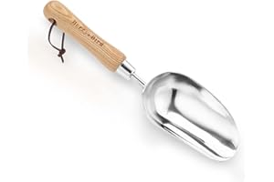Berry&Bird Pala de tierra suelta de jardín, pala de mano de acero inoxidable con mango de madera, cucharas multifunción para trasplantar, cavar, plantar, cultivar