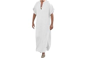 YAOHUOLE V-Ausschnitt Herren Kaftan Seite Split Kurzarm Robe Baumwolle mit Taschen