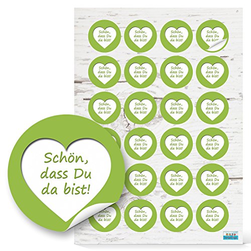 24 Sticker grüne Herzen "Schön, dass Du da bist"; für Geschenkverpackungen, Gastgeschenke, Herzaufkleber zur Dekoration 4 cm; Basteln, Geschenke verzieren; für Hochzeit, Taufe, Geburtstagsfeier, Kommunion & Co.; 1a Qualität