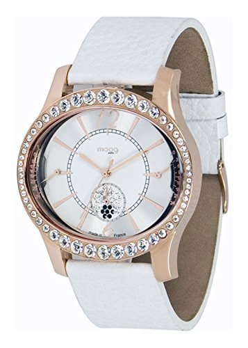 Moog Paris Anti Gravity Damen Uhr mit Silbernem Zifferblatt, Swarovski Elements & Weißem Armband aus echtem Leder – M44862-001