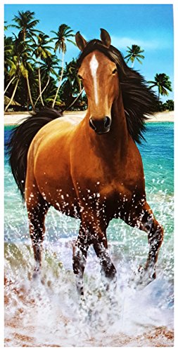 Strandtuch, Design mit braunem, im Meer trabendem Pferd, Frottee-Velours, bedruckt, 140 x 70 cm