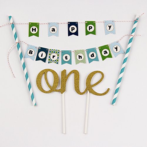 KUNGYO Ein Geburtstagstorte Topper Set Kleine Buntings Banner (blau) Cake Topper Kuchenwimpel Girlande Und Golden"One"