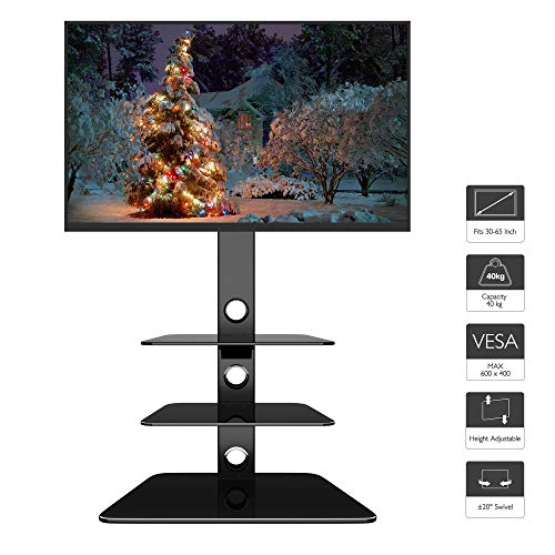 1home Meuble TV Verre Trempé Support Piotant pour Ecran Plasma LCD de 30 à 65 Pouce 3 Etagères