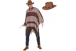 A2ZFD Adult Mens Western Cowboy Poncho Costume + Gunslinger Hat : Wild West Bandit Fancy Dress, Brown, L