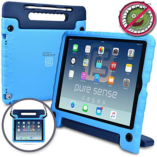 iPad Pro 12.9 Funda para niños, Pure Sense Buddy Fuerte Anti Bacterias Libre de Gérmenes Tirante de Hombro Resistente A Prueba de Niños Protector de Juguetes Funda Portátil + el Mango, Estante (Azul)