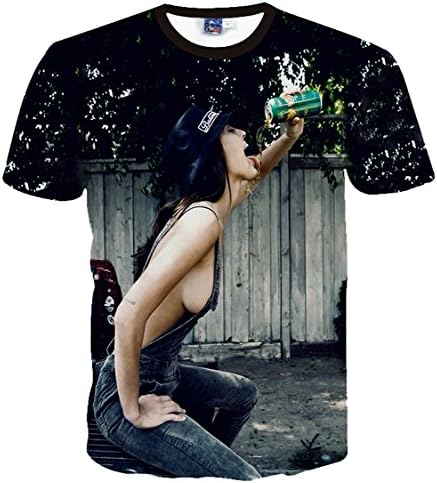YonBii Cotton Unisex Printed 3D Ads Girl Drinking Crew-Neck Casual Short Sleeve T-Shirts S-XXL