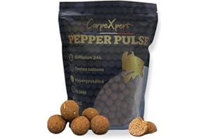 CarpeXpert - Bouillette Pepper Pulse - 15 ou 20mm - Hyperprotéiné - Diffusion Continue sur 22h+ - Toutes Saisons - 1kg - Appât de pêche à la Carpe