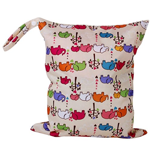 PIXNOR Cartoon Elephant Pattern Washable Reusable Waterproof Zippered Baby Cloth Diaper Nappy Bag Wet Dry Bag Tote with Soft Snap Handle