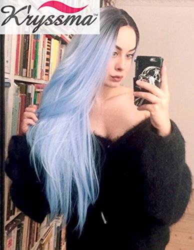K’ryssma Women’s Straight Blue Ombre Hair Dark Roots Long Synthetic Lace Front Wigs Half Hand Tied Heat Safe 24 inches - 2