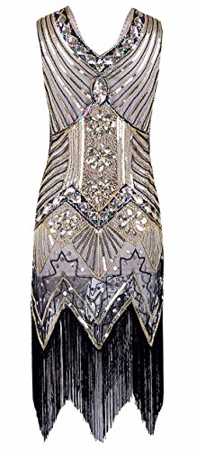 FEOYA Femme Robe Gatsby à Paillettes Robe 1920 Charleston Frange Vintage Déguisement Robe de Soirée Col en V sans Manche Robe Classique Vintage Costume 36 Or